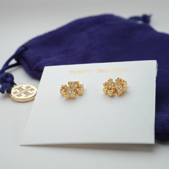 Tory Burch Kira Pavé Original Logo Jewel Crusted Studs Earrings GOLD (NWT) - Picture 2 of 4